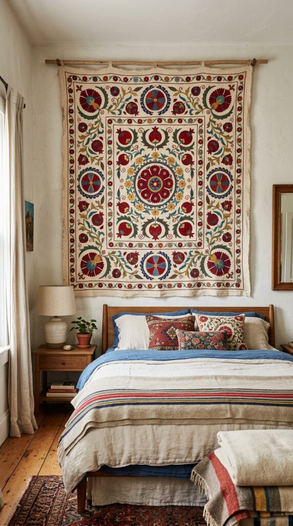023 image prompt a large suzani textile hanging on a b