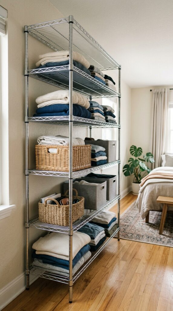 023 image prompt a wall with chrome wire shelving unit