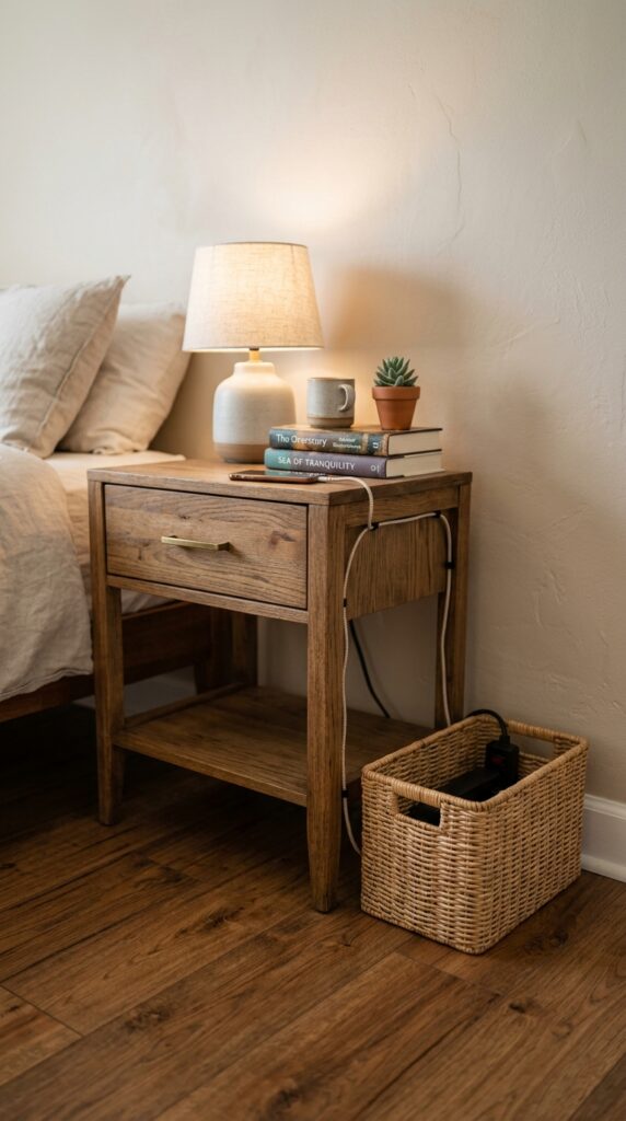 024 a close up of a styled nightstand with a small wov
