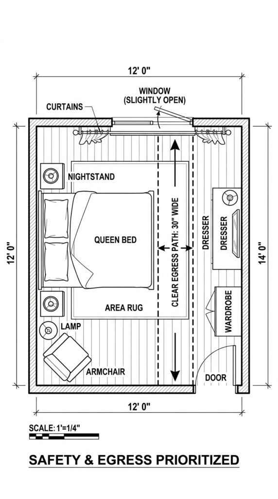 024 image prompt a bedroom layout where a clear unobst