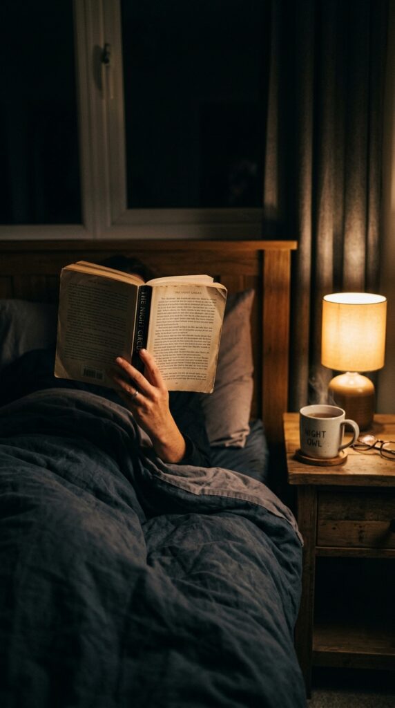 025 image prompt a bedroom at night with a lamp on a b