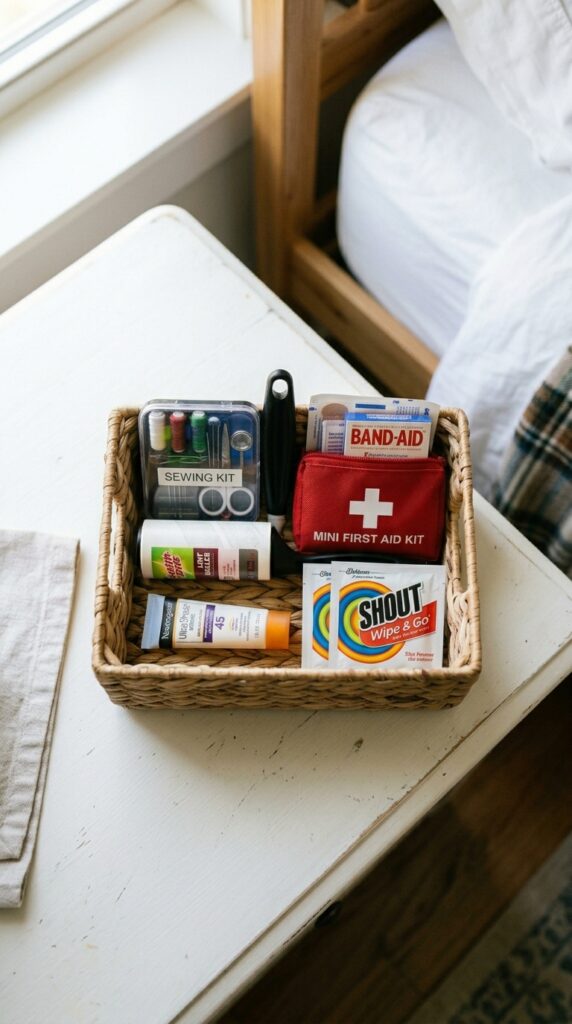 25 Guest Bedroom Ideas That Feel Welcoming And Practical 025 image prompt a small basket in a guest bedroom con