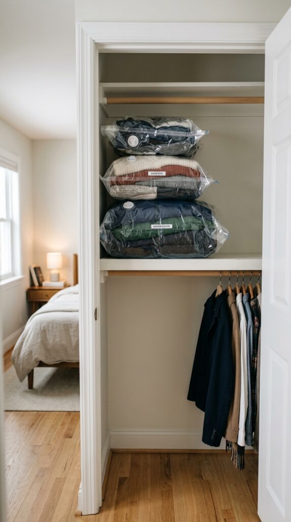 025 image prompt a small bedroom closet with three cle