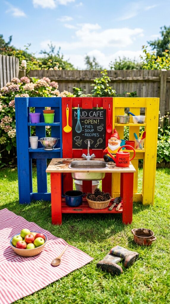 10 a cheerful mud kitchen painted in vibrant primary 