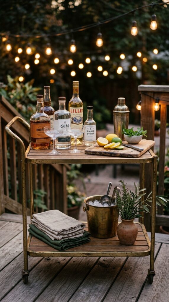 12 Backyard Patio Ideas On A Budget That Look Stylish 10 a close up of a small outdoor bar cart styled for