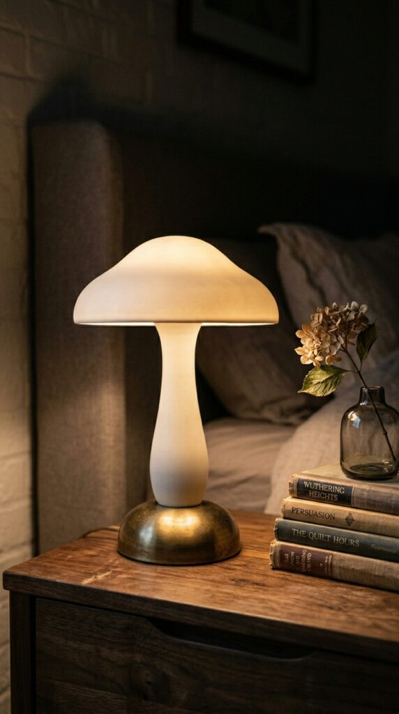 12 Retro Bedroom Ideas With A Modern Stylish Twist 10 a close up shot of a sculptural mushroom shaped ta