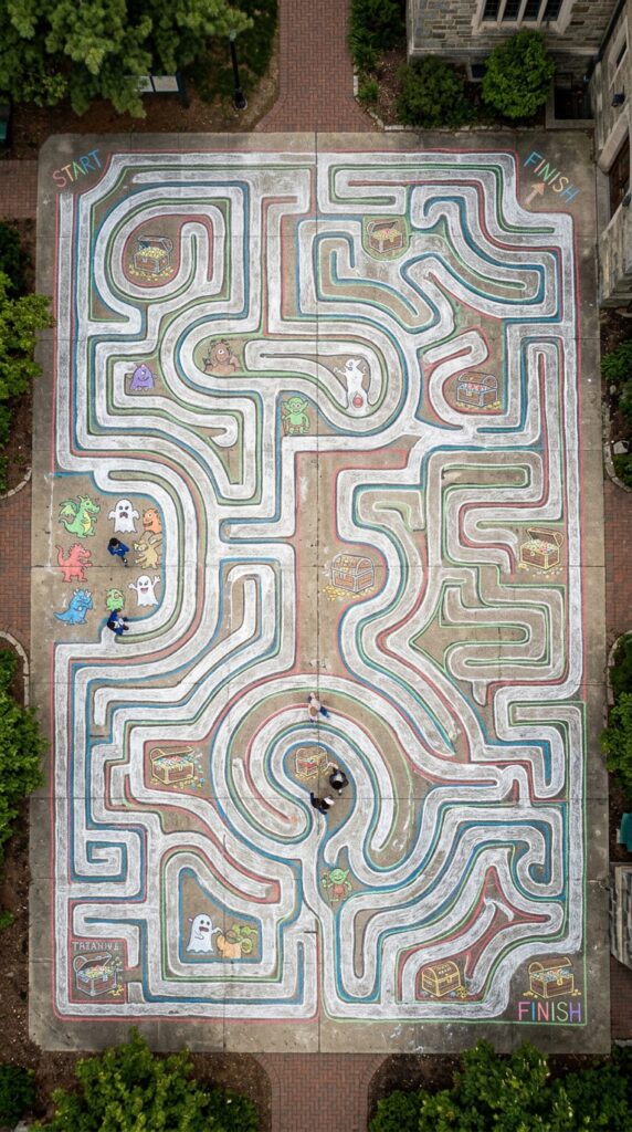 10 a high overhead shot of a complex chalk maze drawn