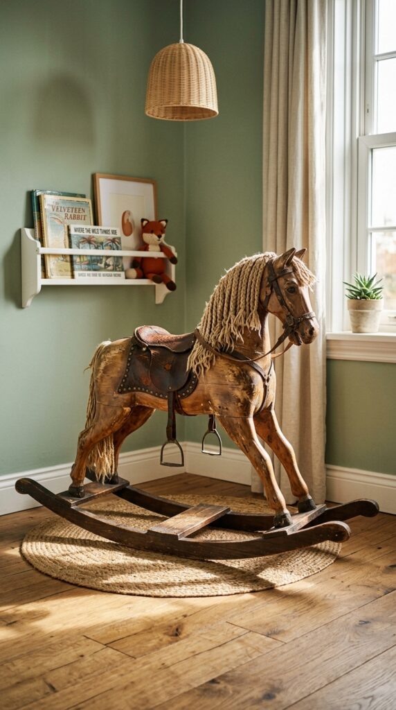 10 a medium shot of a vintage wooden rocking horse wi