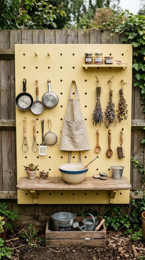 10 a vertical mud kitchen built on a large wooden peg