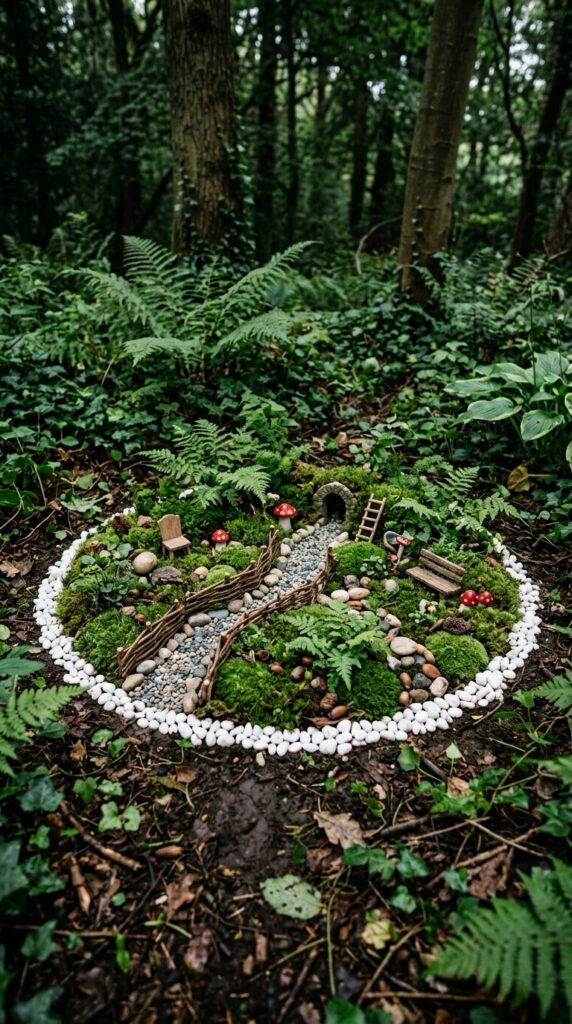 10 a wide ground level shot of a flat circular garden