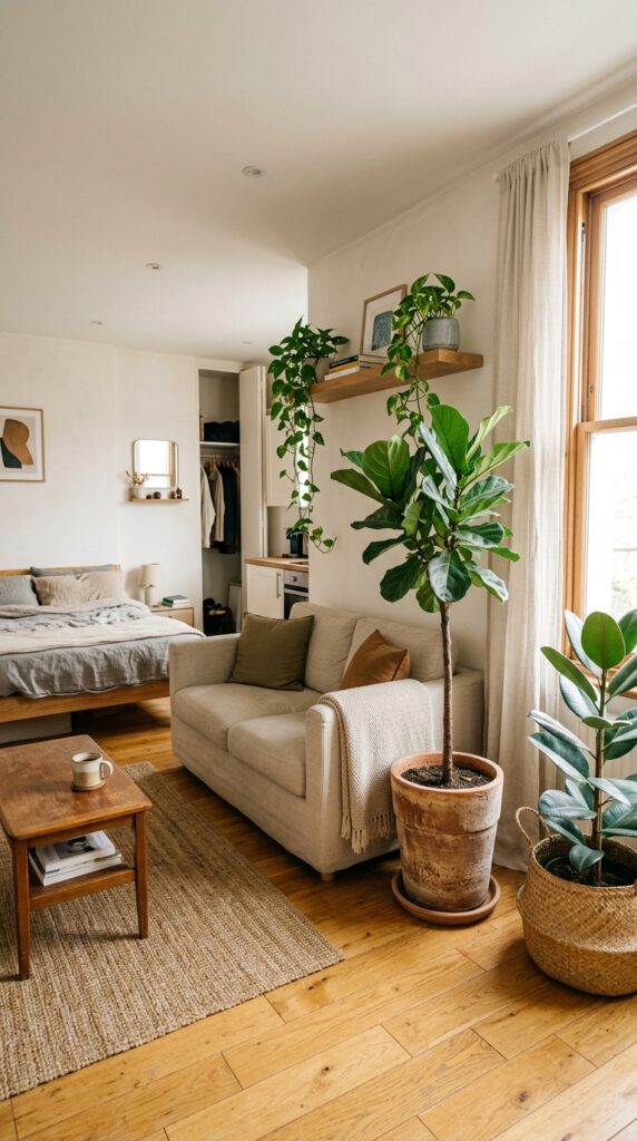 10 a wide shot of a small living bedroom apartment at