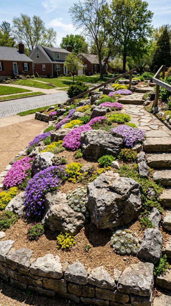 10 image prompt a sloped front yard transformed into 