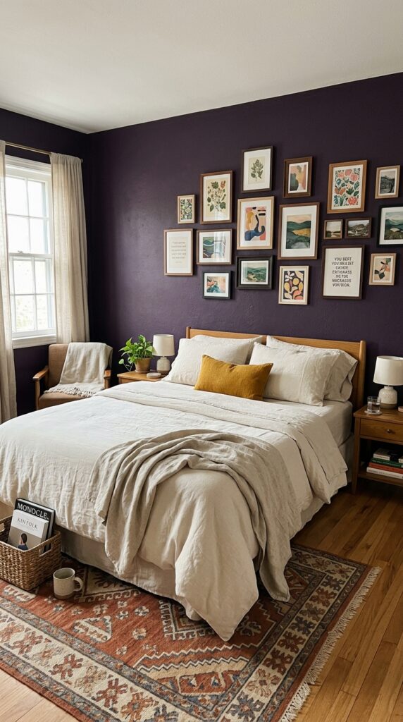 10 image prompt wide bedroom shot with deep eggplant 