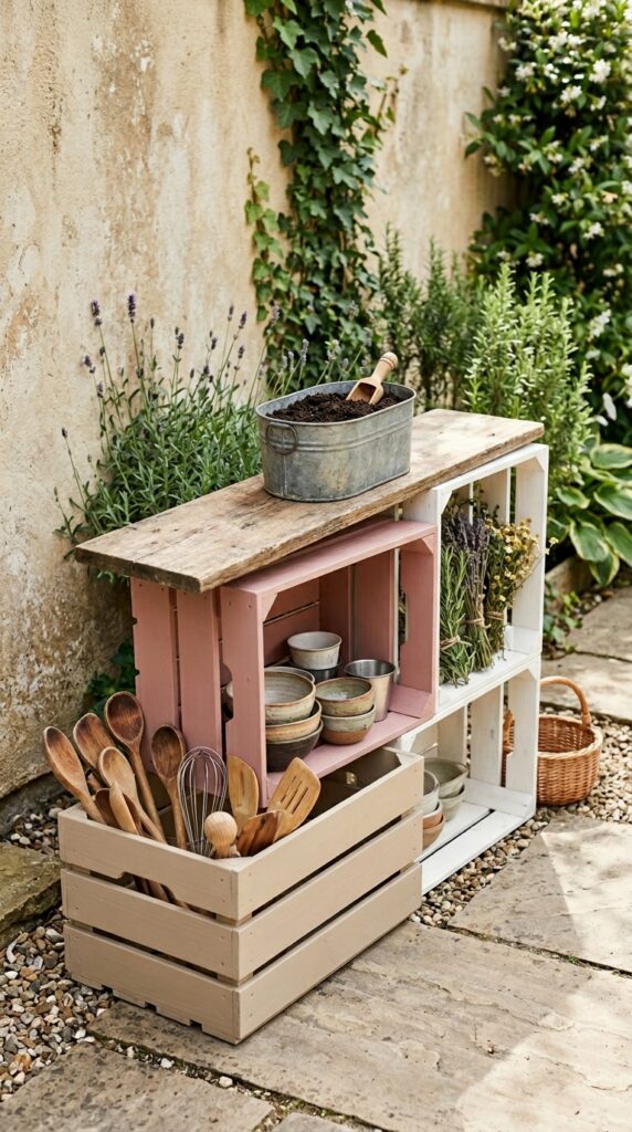 10 three wooden produce crates stacked in a staggered