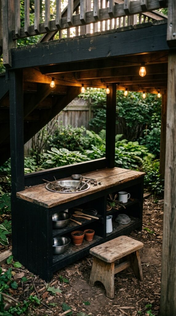 11 a small mud kitchen built into the space beneath a