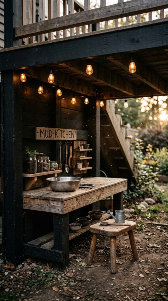 11 a small mud kitchen tucked into the space undernea