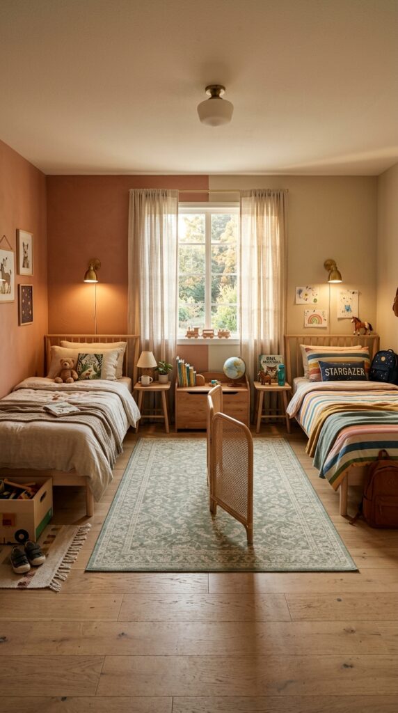 11 a wide angle photograph of a shared kids bedroom w