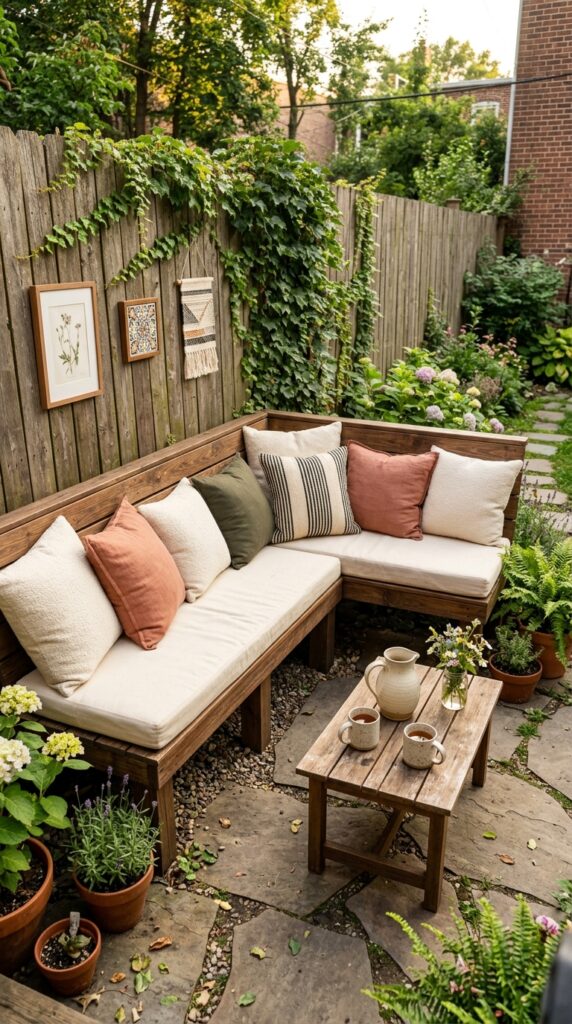12 Backyard Patio Ideas On A Budget That Look Stylish 11 a wide angle shot of an l shaped wooden bench buil