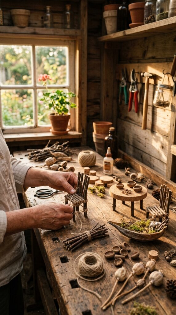 11 image prompt a rustic wooden workbench in a garden