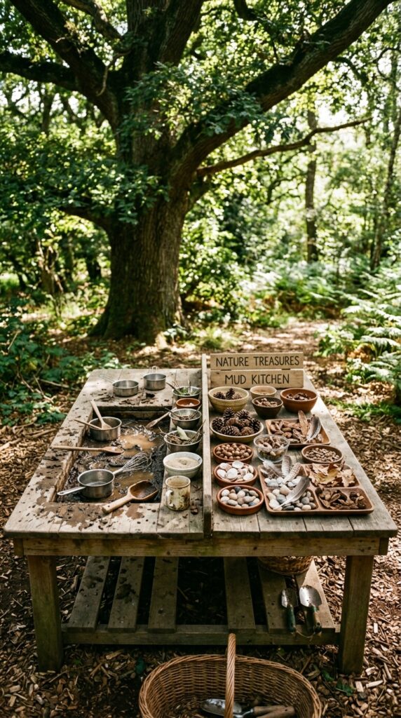 12 Simple Mud Kitchen Ideas for a Fun Play Area 11 image prompt a wide wooden outdoor table converted