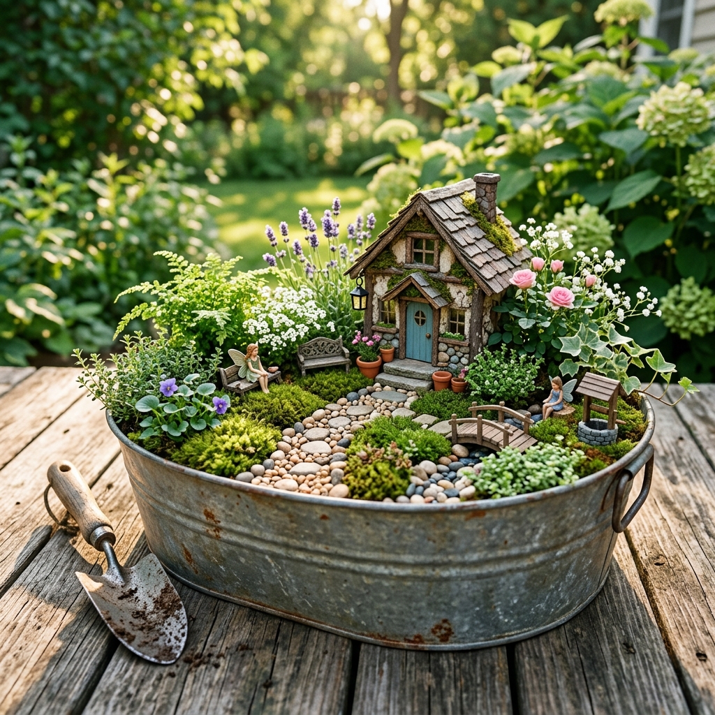 12 a close up of a large hardcover book lying open an fairy garden in metal tub 202605142147
