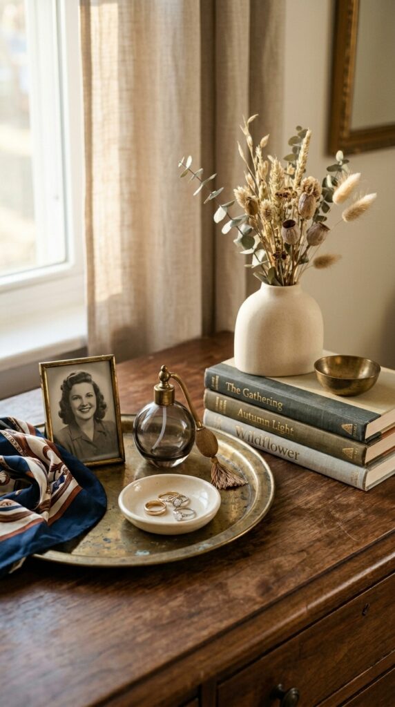 12 Retro Bedroom Ideas With A Modern Stylish Twist 12 a close up styled shot of a vintage walnut dresser