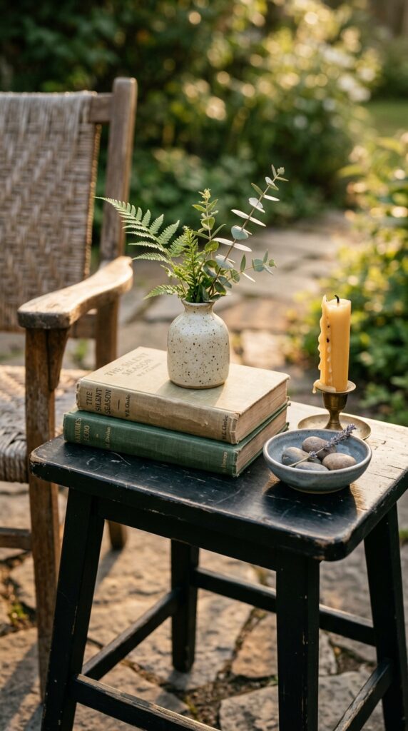12 Backyard Patio Ideas On A Budget That Look Stylish 12 a close up styled vignette on a small outdoor side