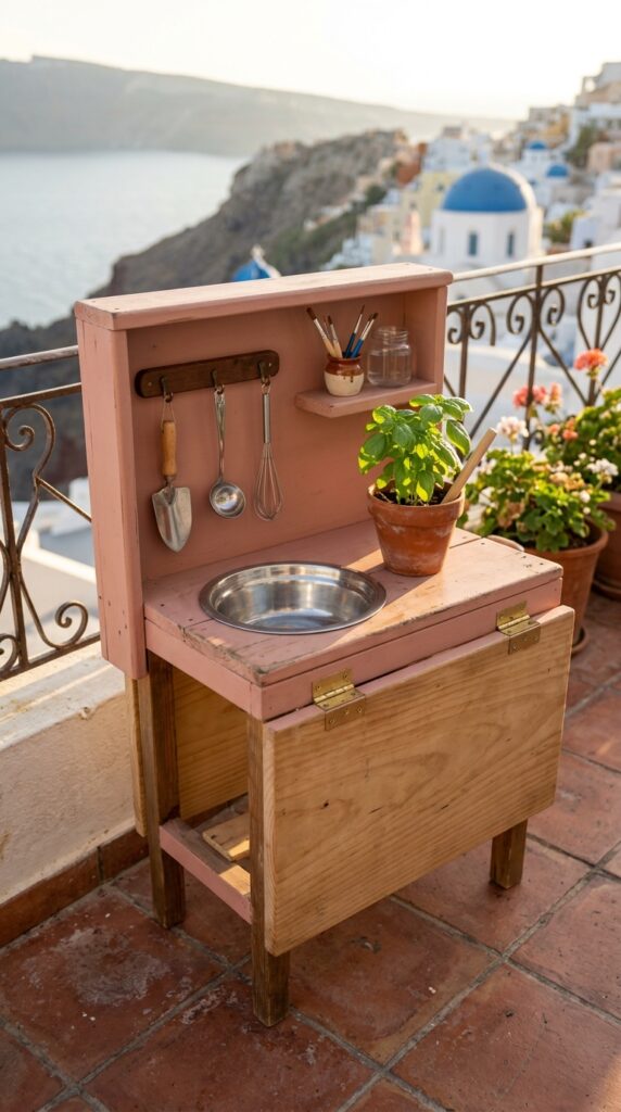 12 a folding wooden mud kitchen mounted to a small po