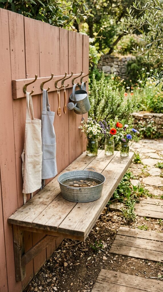12 a simple long wooden counter mounted directly to a