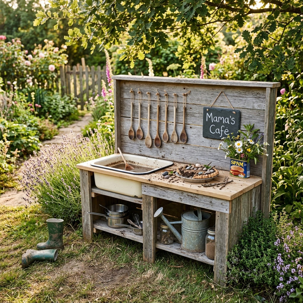 12 a simple long wooden counter mounted directly to a mud kitchen with enamel basin 202605112203