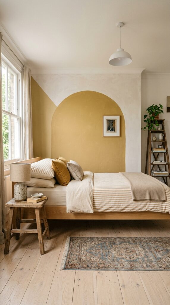 12 a wide angle photograph of a creative bedroom with
