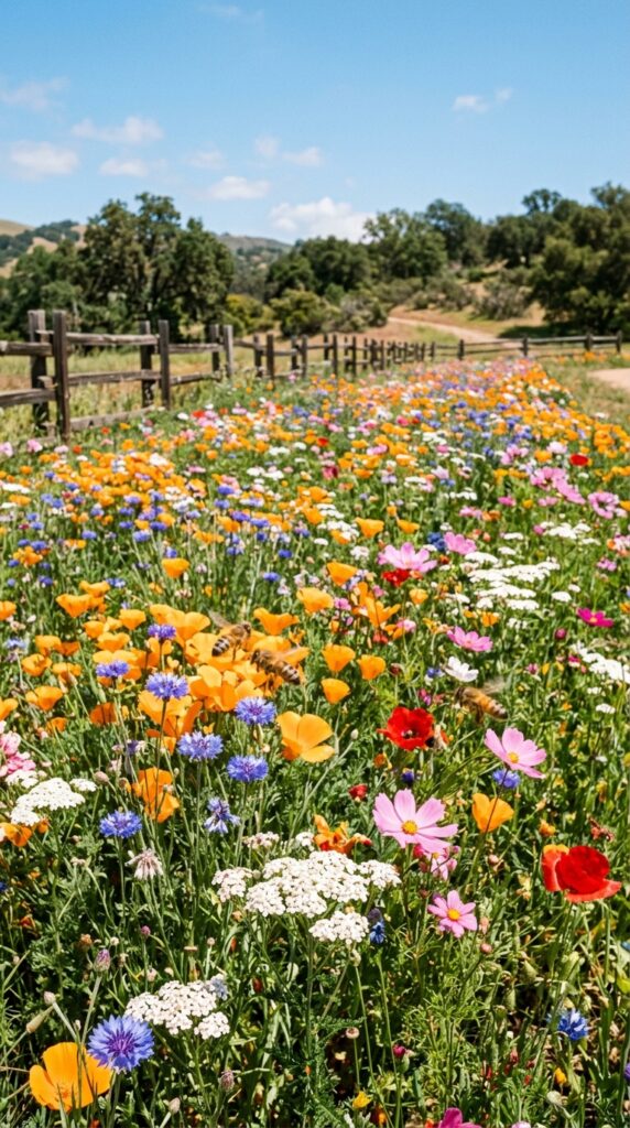 12 a wide photograph of a sunlit wildflower bed in fu