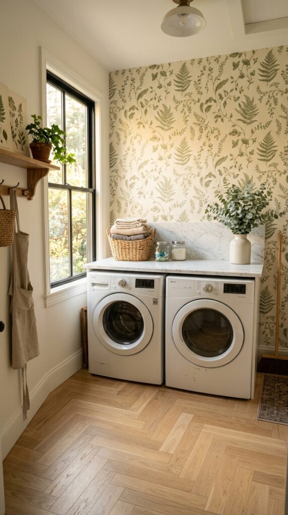 12 a wide shot of a small laundry room with one full 