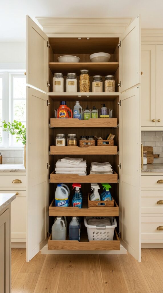 12 a wide shot of a tall floor to ceiling pantry styl