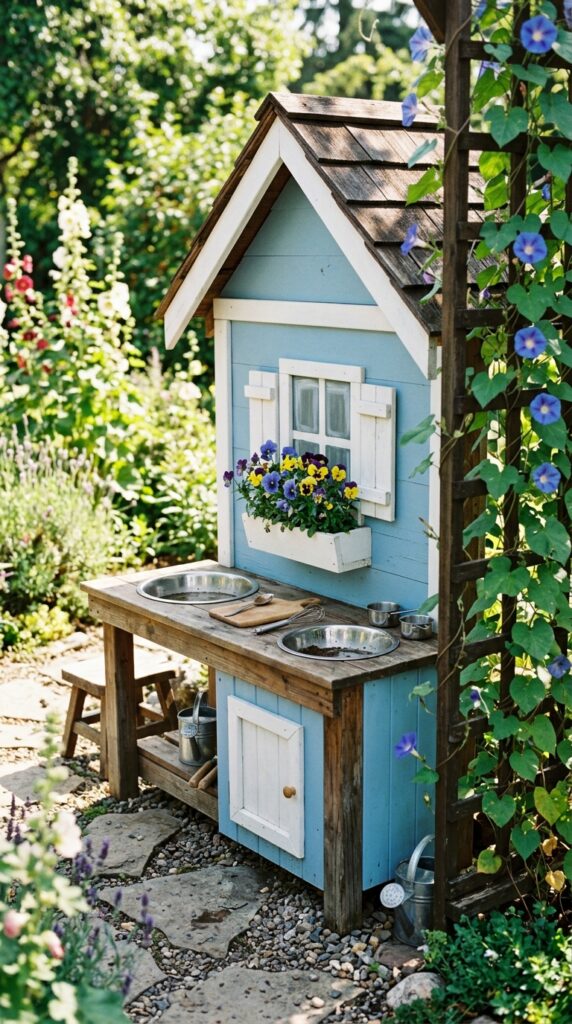 12 a wooden mud kitchen built to look like a miniatur