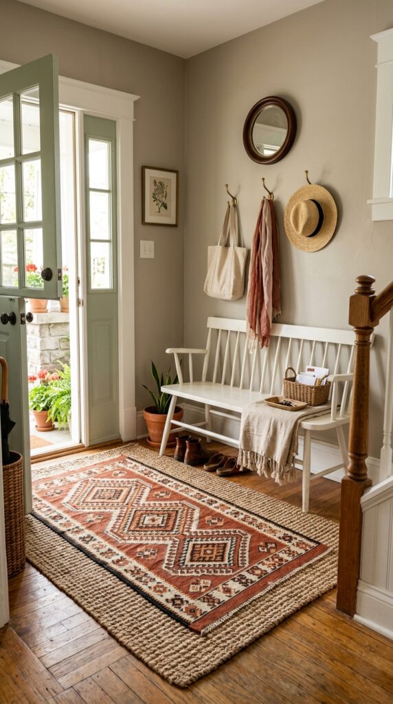 12 image prompt a small entryway layered with two rug