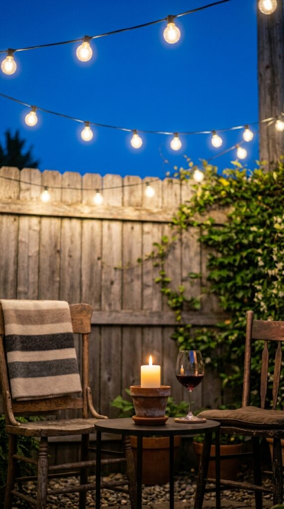 12 Backyard Patio Ideas On A Budget That Look Stylish 1 a close up evening shot of a cozy backyard corner