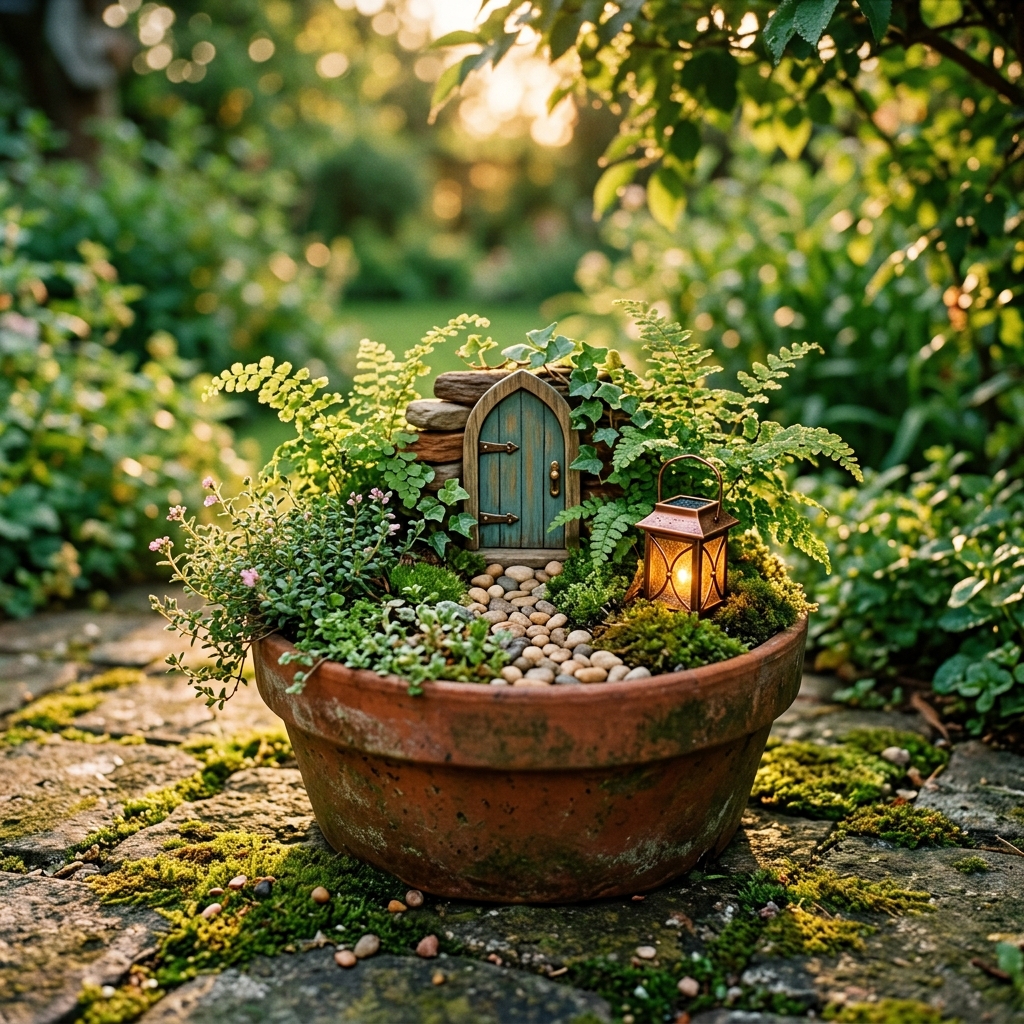 1 a gnarly hollowed out tree stump sitting on a fore fairy garden in terracotta pot 202605142142