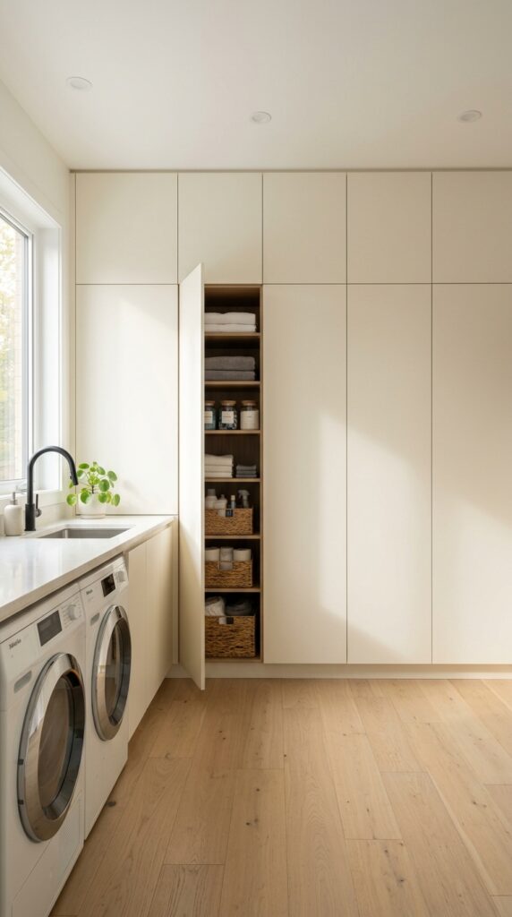 1 a medium wide straight on shot of a laundry room w