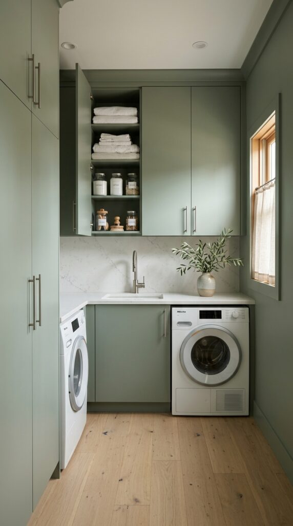 1 a narrow laundry room shot straight on with a wide