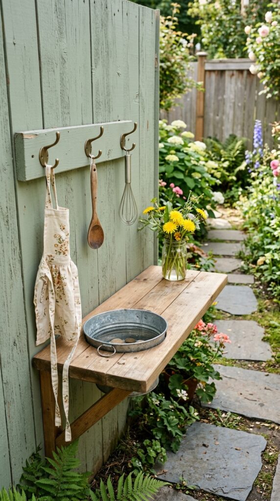 12 Easy Mud Kitchen Ideas for a Small Backyard 1 a slim wooden counter mounted directly onto a weat