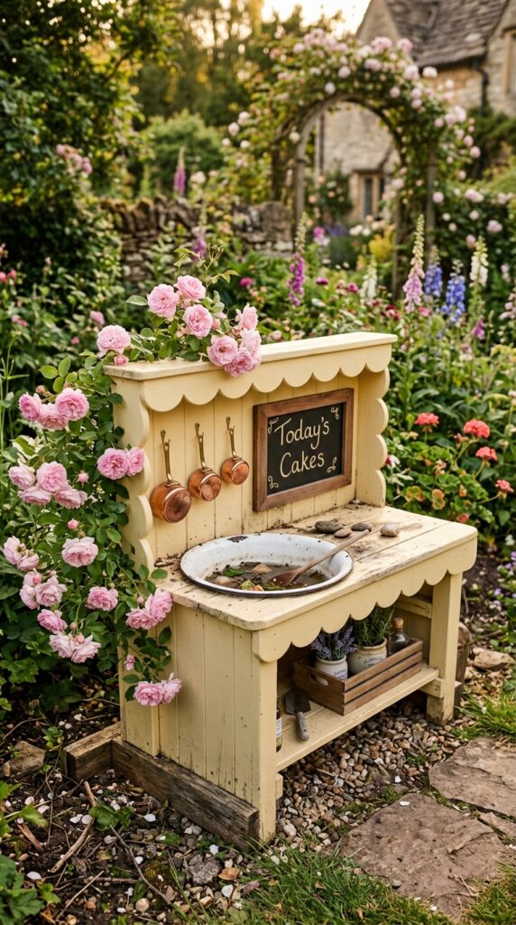1 a small wooden mud kitchen painted soft buttercrea