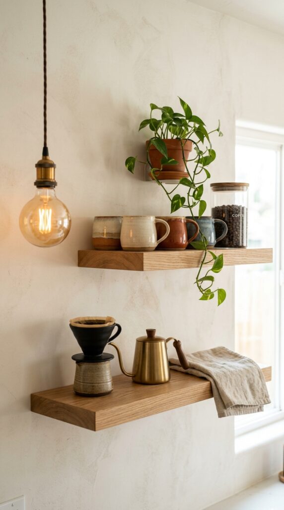 1 two staggered white oak floating shelves mounted o