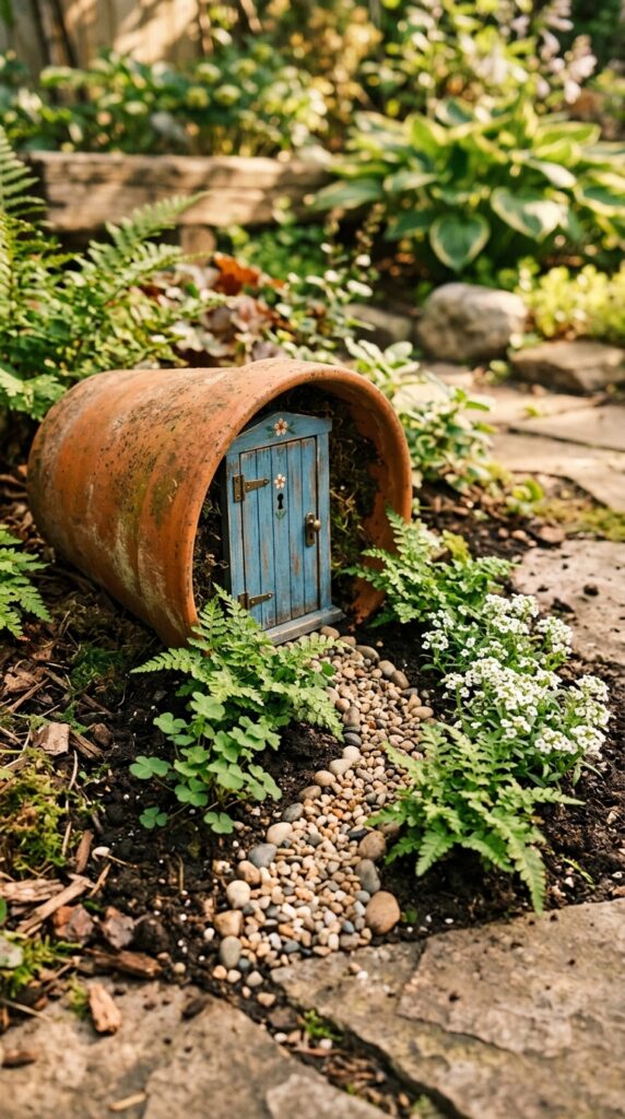 2 a large terracotta pot lying on its side on a gard