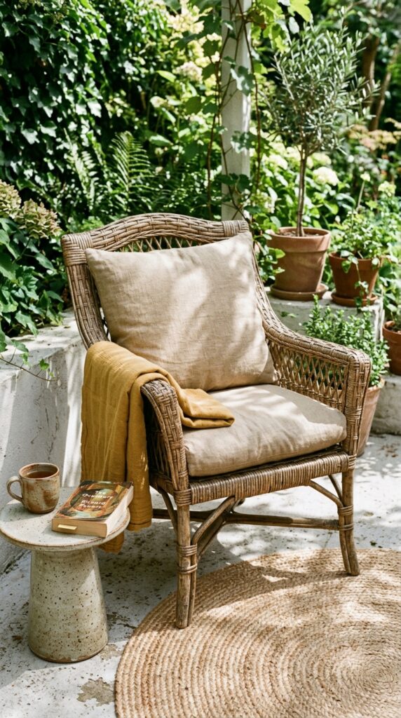 12 Backyard Patio Ideas On A Budget That Look Stylish 2 a medium shot of a vintage rattan armchair on a sm
