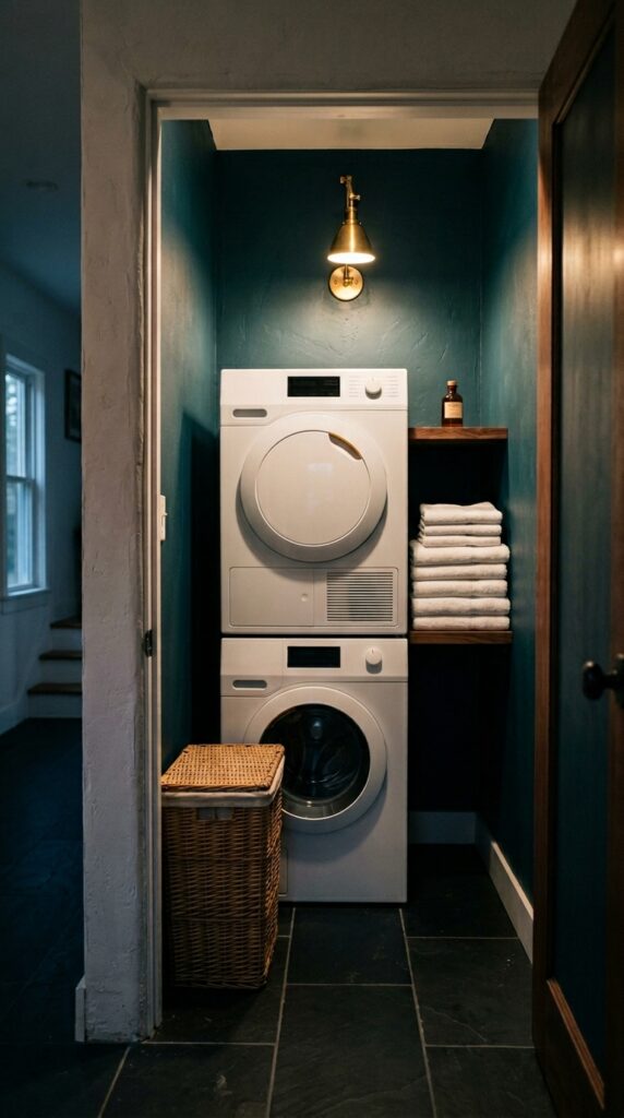 2 a small laundry closet photographed at a slight an