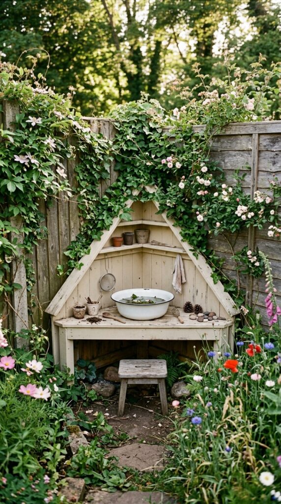 12 Easy Mud Kitchen Ideas for a Small Backyard 2 a small triangular mud kitchen built into the corn
