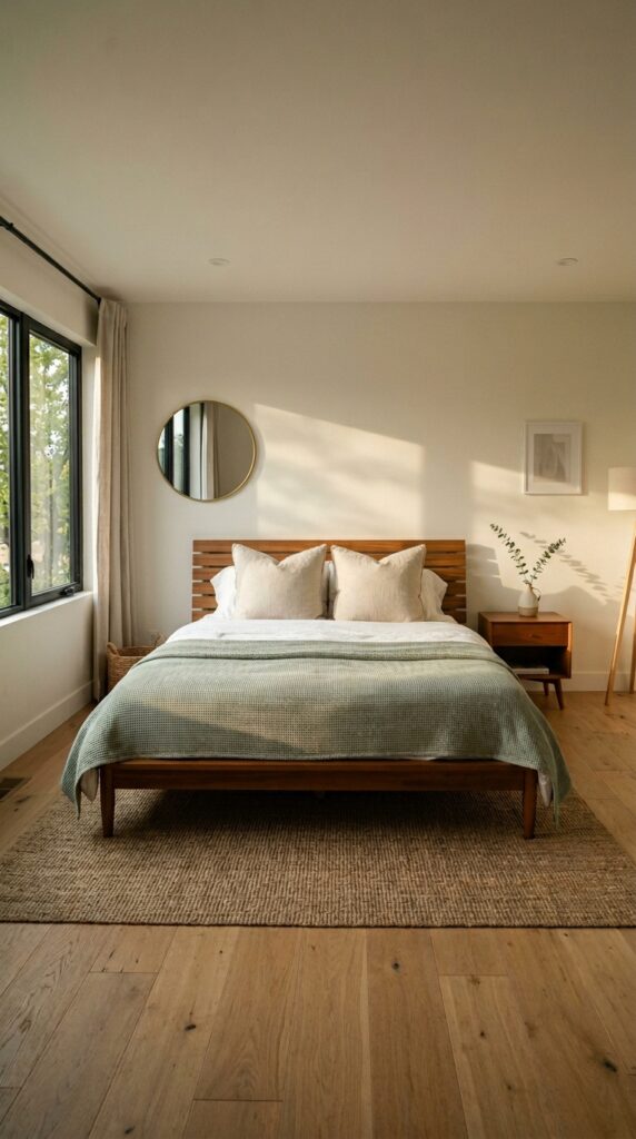 12 Retro Bedroom Ideas With A Modern Stylish Twist 2 a wide shot of a serene bedroom featuring a mid ce