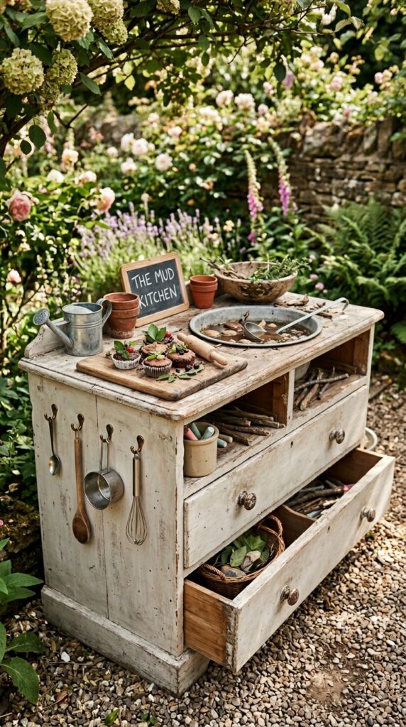 12 Simple Mud Kitchen Ideas for a Fun Play Area 2 image prompt a vintage wooden dresser painted in d