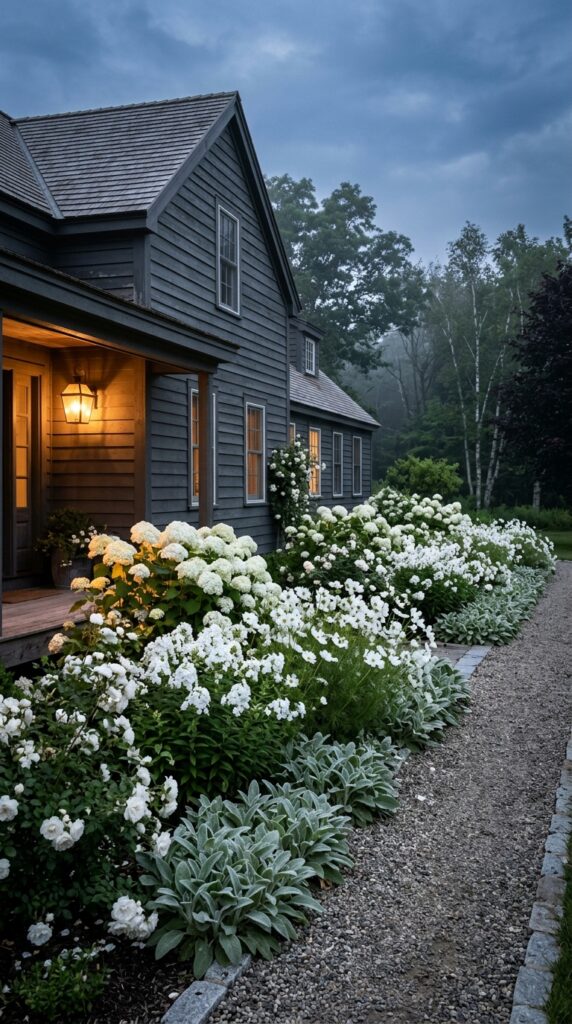 2 image prompt a wide shot of a flower bed along a c